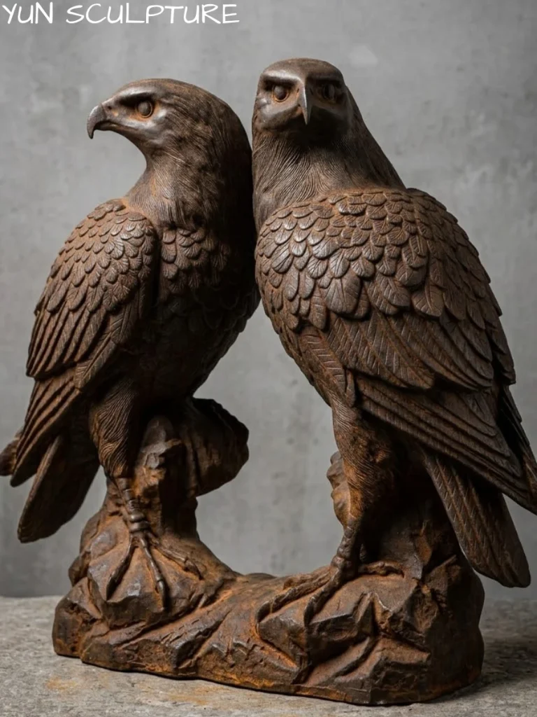 A pair of antique cast iron eagle statues showing signs of surface weathering and early oxidation, illustrating the critical need for vigilant rust management and professional restoration.