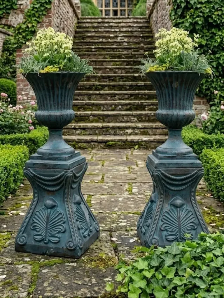 A pair of vintage cast iron urn planters with detailed scrolls and classical motifs, symmetrically framing a historic stone staircase in a formal garden.