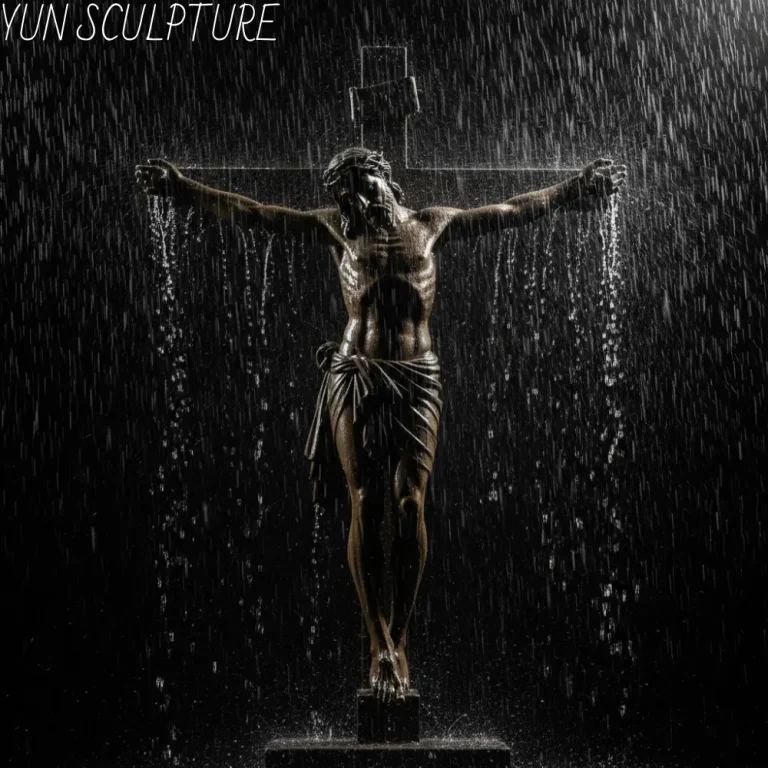 A solitary figure standing in profound reverence before a monumental bronze crucifix in a dimly lit, ancient Gothic church, illuminated by ethereal light streaming through stained glass windows. Capturing the eternal legacy of sacred art, this breathtaking image perfectly embodies the craftsman's wager—that long after the maker is forgotten, this majestic, enduring statue will remain a silent, powerful testament to faith for generations to come.