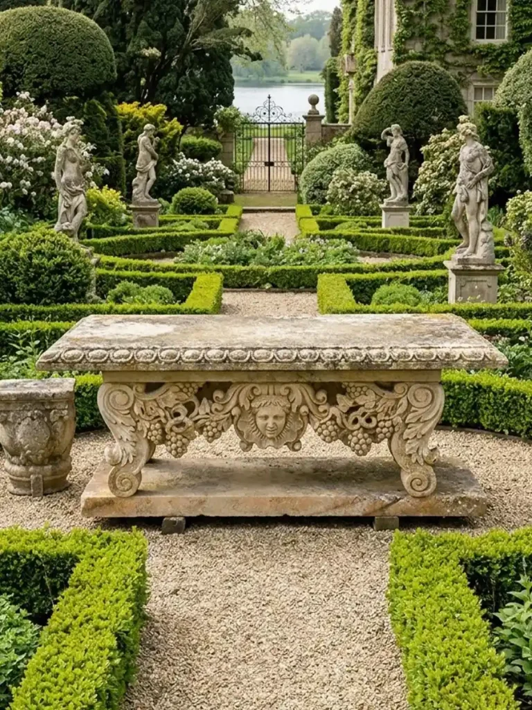 Elegant garden with stone table centerpiece.