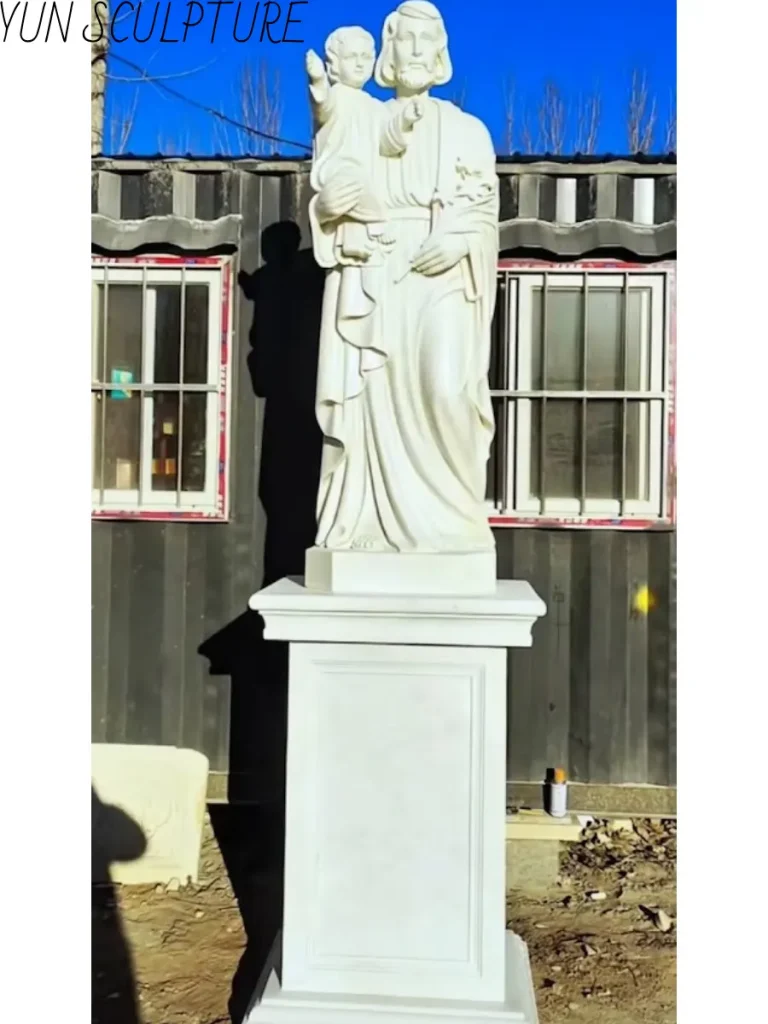 Detailed view of a religious sculpture carved from Baoding Hebei marble, illustrating the coarser crystal grain and structural durability of the material.