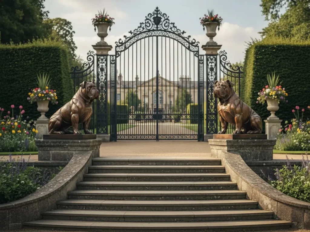 Pair of bronze bulldog statues with rich patina guarding the entrance of an English estate