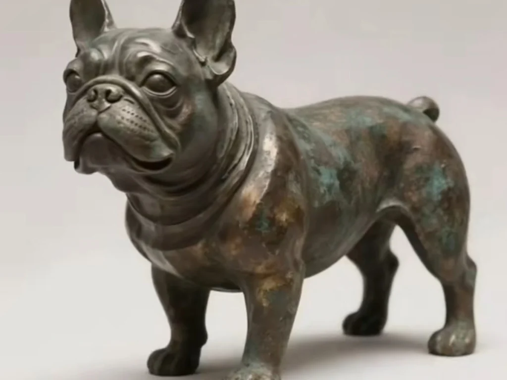 Bronze French bulldog statue, detailed craftsmanship.