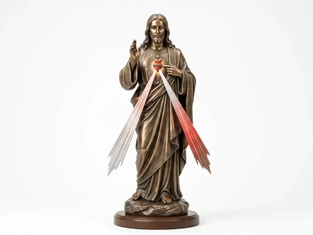 A meticulously crafted bronze divine mercy statue displayed against a pristine white studio background, perfectly illustrating the complex three-patina system. The figure is finished in a warm, grounded statuary brown, while the iconic three-dimensional rays showcase permanent chemical patination—a deep reddish-brown achieved via ferric nitrate and a luminous silvered surface via tin-based compounds. This masterful chemistry guarantees the colors are the metal itself and will never peel or fade like applied paint.