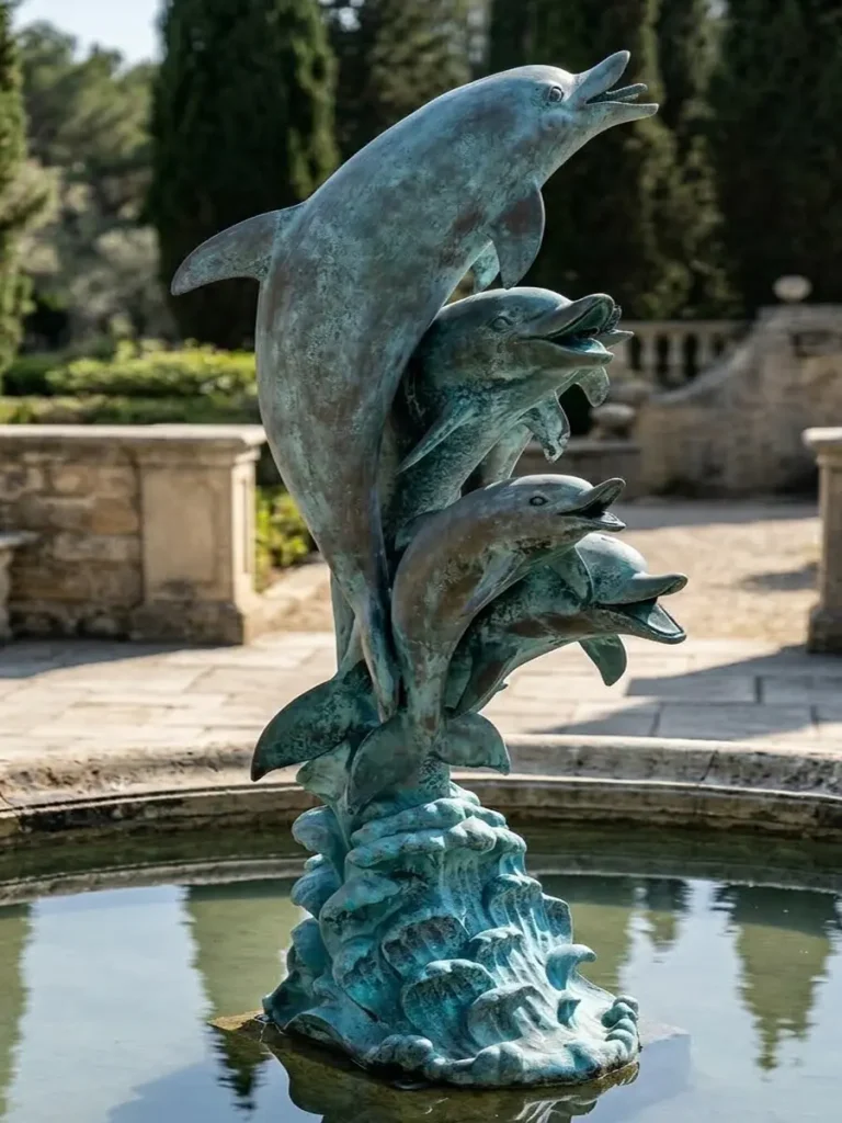A classic bronze dolphin pool spitter statue featuring a pod of dolphins leaping from sculpted waves, designed as a functional swimming pool fountain.