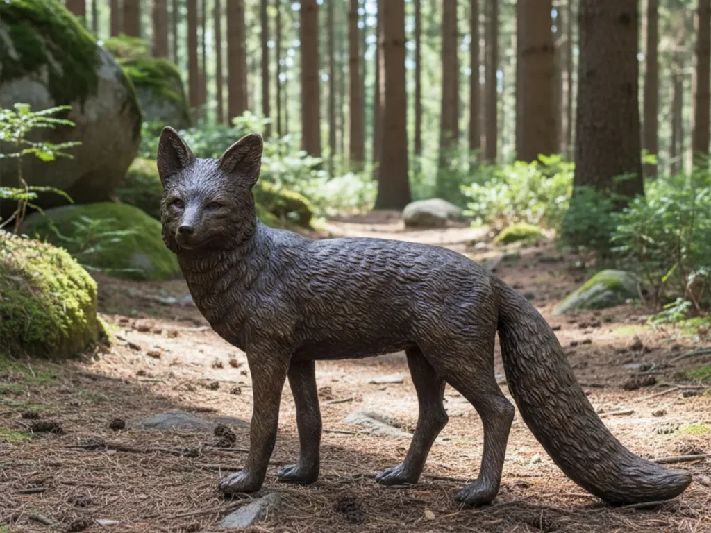 A lifelike bronze fox statue standing alert on a forest path covered with pine needles. Positioned slightly hidden along a winding garden trail, this carefully placed wildlife sculpture creates a quiet sense of surprise, appearing as if it naturally emerged from the dense woods.