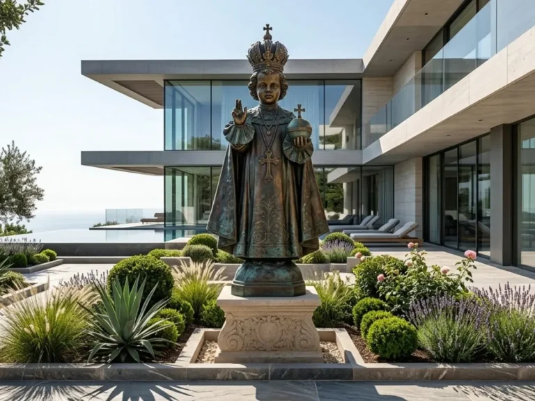 A magnificent, finely cast bronze Infant Jesus of Prague statue standing peacefully on a stone pedestal in a sunlit, modern coastal garden. Serving as a profound and eternal presence rather than mere decoration, this high-quality replica perfectly embodies the kingship that invites intimacy and stillness, truly bringing a quiet, enduring peace home to its devoted owners.