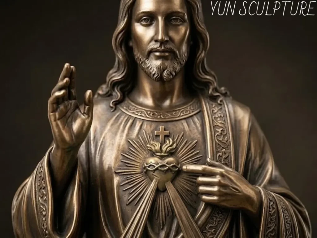 An incredibly detailed macro shot of a bronze Jesus statue, highlighting the raised blessing hand and the radiant Sacred Heart. The exquisite craftsmanship perfectly illustrates the complex three-patina system, where the distinct ray colors are achieved through stable oxide chemistry that will never fade, distinguishing this permanent sacred object from cheap manufactured replicas.