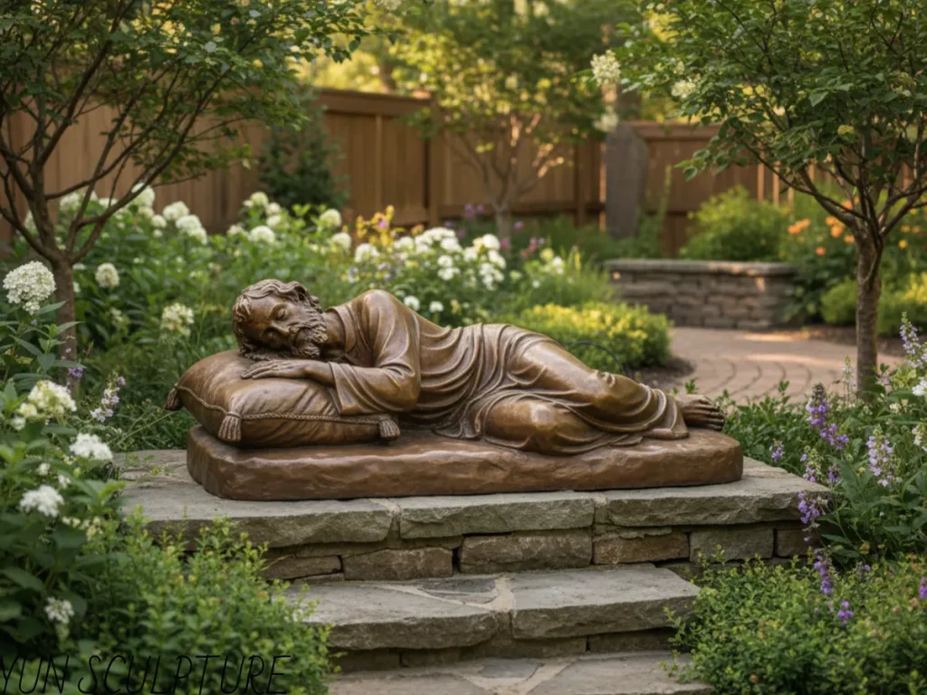 A beautiful bronze sleeping St. Joseph garden statue resting peacefully on a stone pedestal, surrounded by blooming flowers and lush greenery in a serene outdoor landscape.