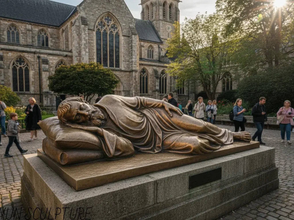 A large bronze sleeping St. Joseph statue resting calmly on a stone base in an outdoor church or seminary plaza. Serving religious communities, its simple and peaceful presence invites passersby to pause and meditate on listening to God in silence.