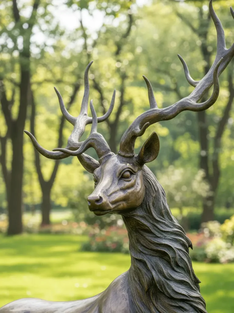 Close-up detail of a bronze stag sculpture's head, highlighting its majestic branching antlers. The intricate textures and natural fluid curves showcase artistic delicacy, while a hidden internal skeleton ensures these elegant features withstand outdoor wind loads.