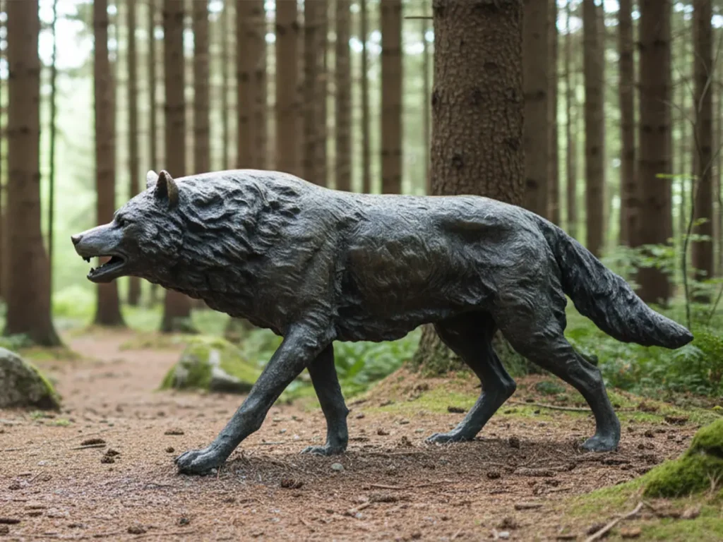 A lifelike bronze wolf statue captured mid-stride in a dense pine forest. Embodying the wild spirit and deep order of nature, this incredibly detailed sculpture acts as a silent guardian and a visual symbol of wilderness identity for expansive woodland estates.