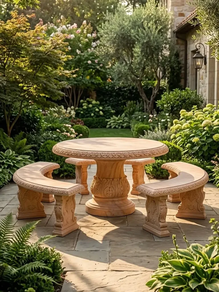 A beautifully hand-carved round stone garden table surrounded by three matching curved stone benches on a sunlit patio. Serving as the ultimate outdoor dining centerpiece, this solid stone furniture set creates an intimate, circular gathering space that anchors the lush garden landscape and encourages free-flowing conversation.