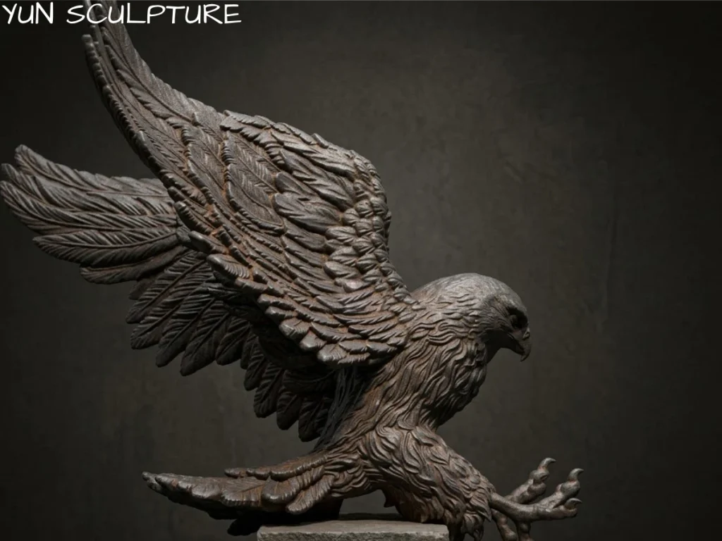 A side view of a cast iron eagle sculpture in a striking landing pose, with strategic lighting highlighting feather textures and creating deep shadows to define its powerful form.