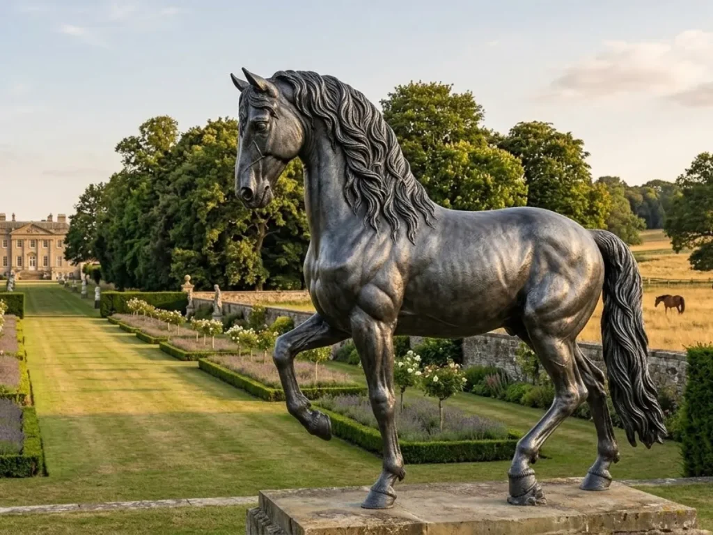 A majestic cast iron horse statue positioned at the terminus of a classical estate axis, acting as a focal point that anchors the landscape and draws the eye across the reflecting lawn.