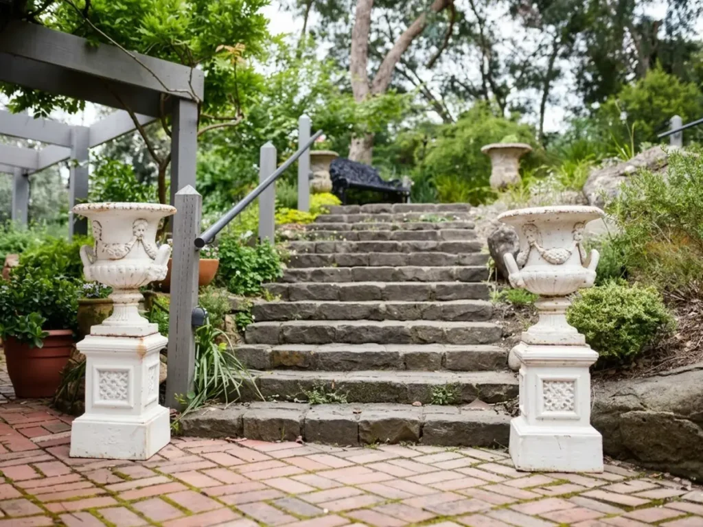 A symmetrical pair of antique white cast iron urns raised on matching square pedestals, perfectly framing a rustic stone garden staircase. This classic landscape design technique creates a powerful and inviting grand entrance.