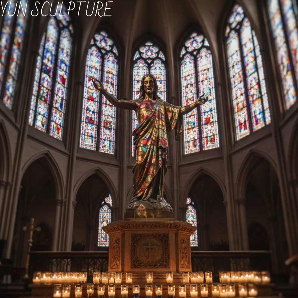 A bronze Risen Christ statue standing on a cathedral altar against stained glass windows, symbolizing a permanent testament of faith and resurrection.
