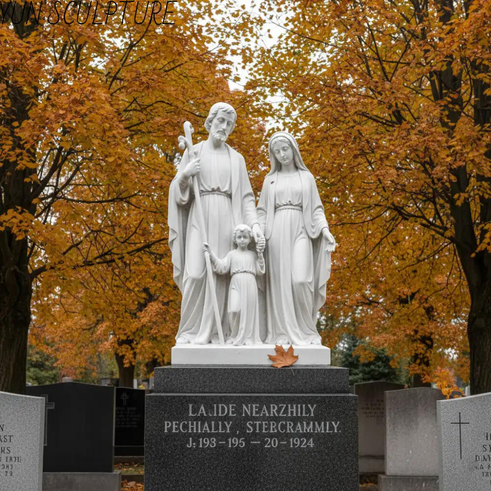 A white marble Holy Family statue stands on a granite pedestal in a Catholic cemetery memorial garden, symbolizing the family as the fundamental unit of the resurrection promise.