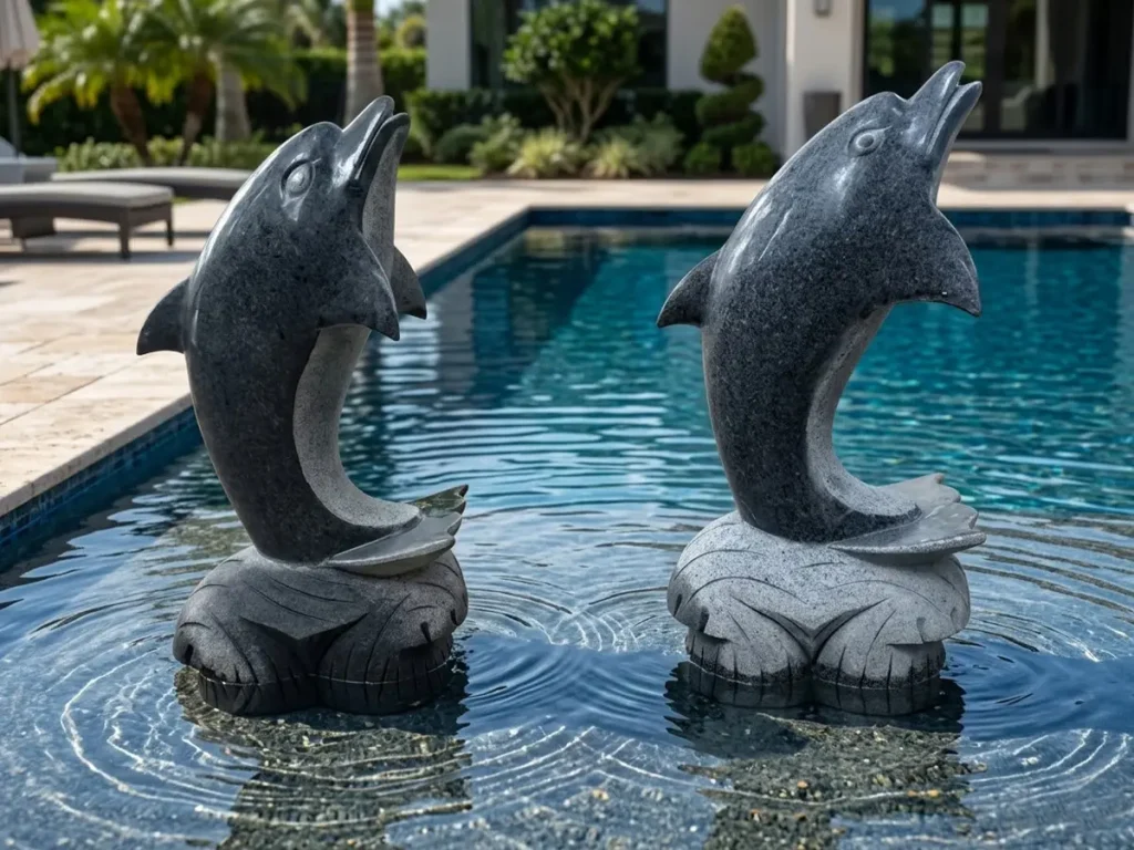Two polished black granite dolphin sculptures partially submerged in a swimming pool, demonstrating the material's durability and resistance to pool chemicals and chlorine.