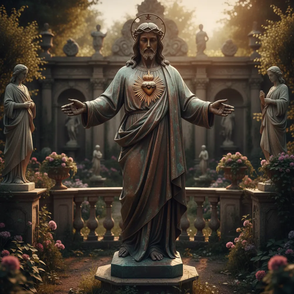 A breathtaking, classical traditional sacred heart of jesus statue cast in rich, weathered bronze, standing gracefully in a serene, stone-framed courtyard. Bathed in soft, ethereal sunlight that highlights its balanced drapery and anatomical harmony, this monumental figure perfectly captures the quiet authority and serene expression required to transcend mere decoration, acting instead as a profound vessel of divine presence that invites contemplation and prayer.