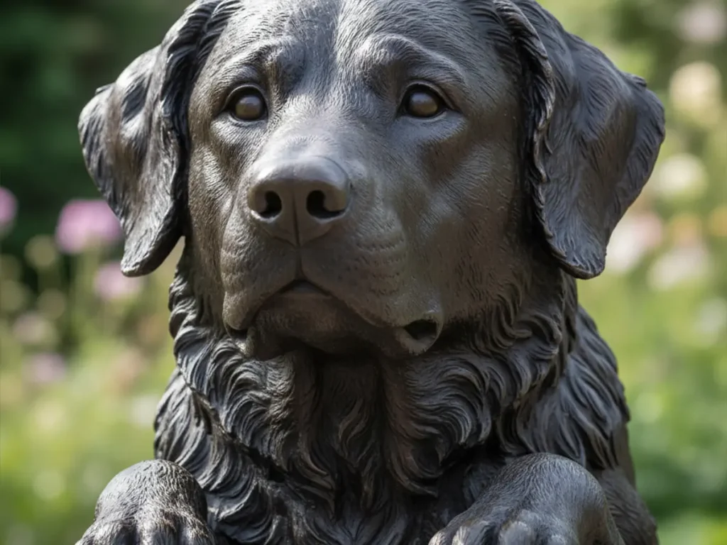 Close-up of a solid bronze dog sculpture showing intricate fur and facial detailing, life-size, museum-grade finish, subtle garden background.