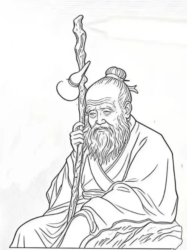 A detailed design sketch of a traditional wise sage holding a staff with a gourd, representing the crucial first step in commissioning large outdoor metal sculptures for sale. This bespoke design phase ensures that personalized motifs and symbolic elements align perfectly with the client's architectural intent.