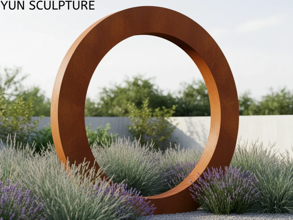 A monumental, rusted Corten circle garden sculpture nestled beautifully among soft purple lavender and ornamental grasses. Functioning as a precise spatial instrument, this large metal ring sculpture perfectly illustrates the concept of "framing views" or borrowed scenery, where the empty void becomes the true material, elegantly isolating and elevating the distant trees and white wall into a composed, cinematic image.