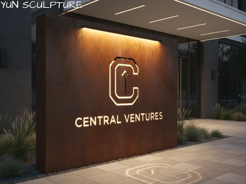 A custom Corten steel signage board with a backlit corporate logo for Central Ventures, demonstrating how weathered steel serves as a powerful identity marker in commercial landscapes.