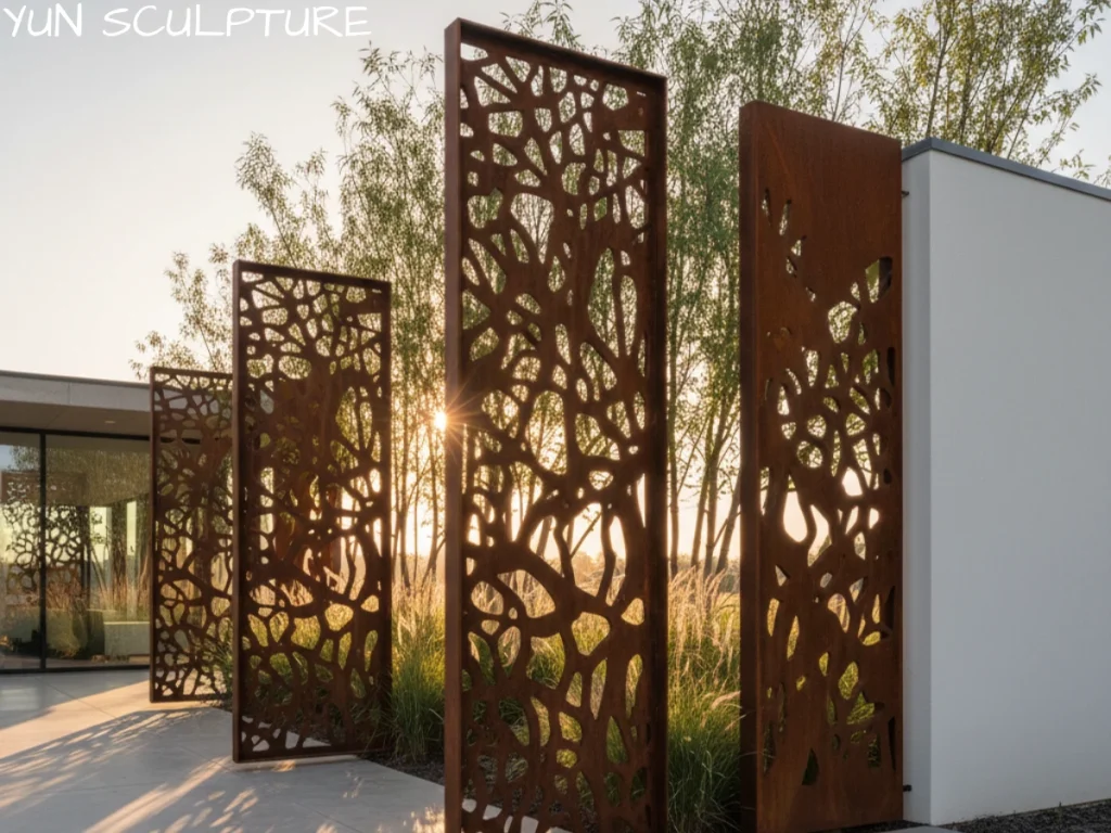 Tall corten steel garden screen art panels with intricate organic cutouts filtering golden sunlight, serving as sculptural outdoor partitions in a contemporary landscape.