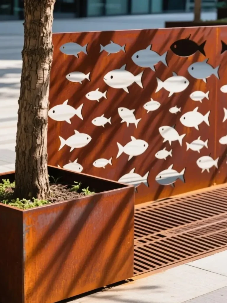 A square Corten steel planter integrated with a decorative fish-motif screen, serving as an acoustic barrier and boundary definer in an open garden.