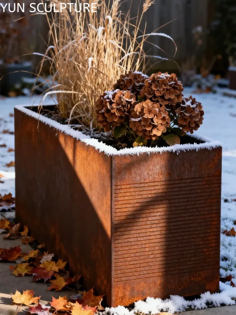 A rectangular corten steel planter in a winter garden, showcasing the dense, adherent oxide layer that has reached a state of equilibrium to protect the metal from degradation.