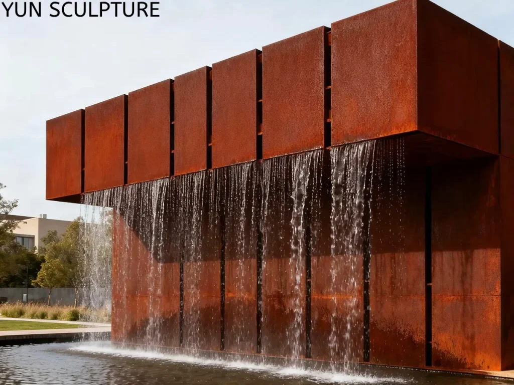 Corten steel water feature wall with cascading water sheets on modern building