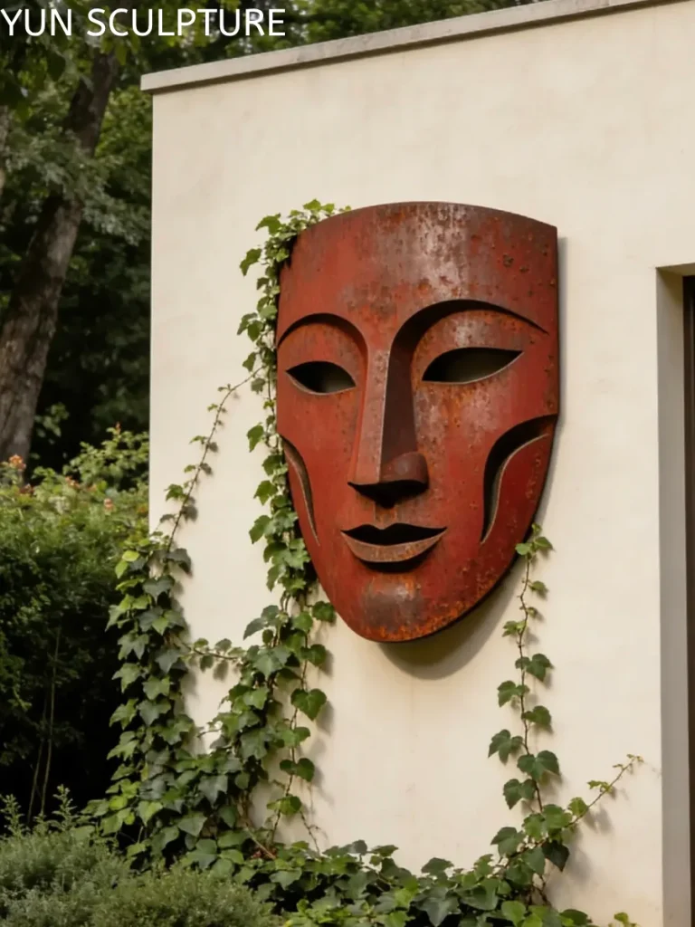 A wall-mounted sculptural mask made of ASTM A606-4 weathering steel, illustrating the precision and curvature achievable in artistic metal fabrication.