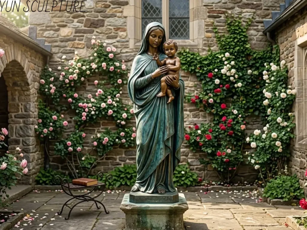 A gracefully patinated bronze Mother and Child statue standing in a historic courtyard framed by climbing roses. Featured image for the guide to custom Mary and Baby Jesus statues.