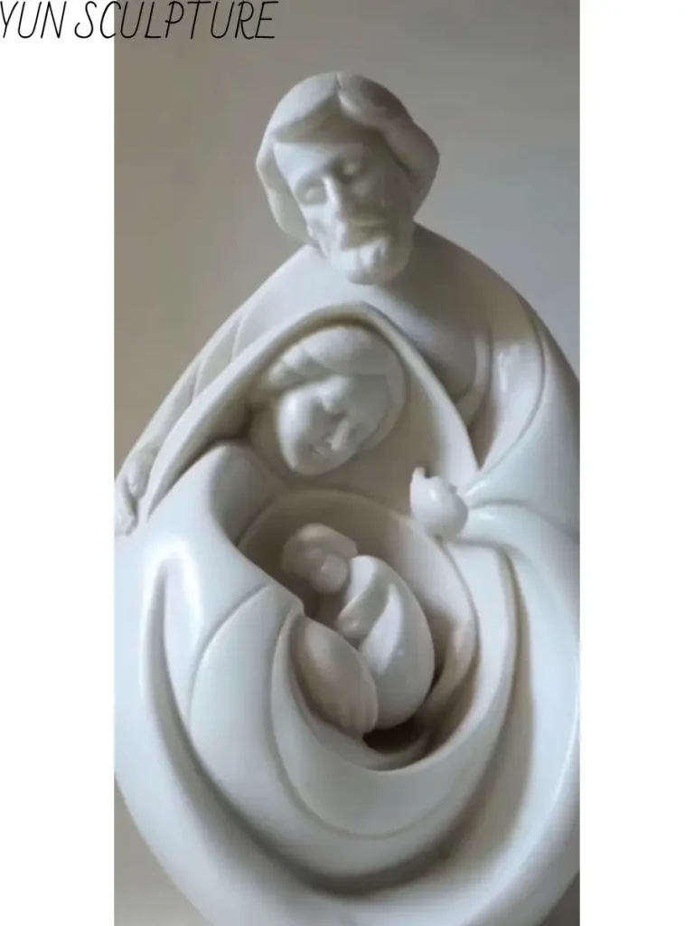 Three different styles of marble Mary Joseph and Jesus statues, from traditional life-size figures to modern abstract devotional art.