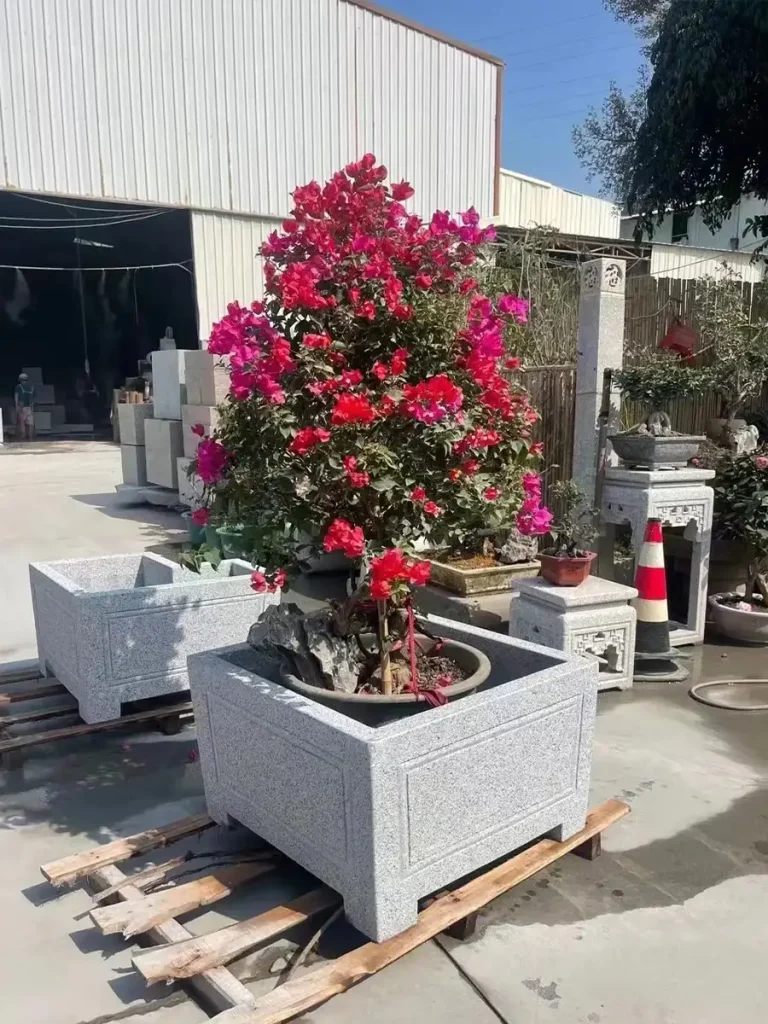 A commercial size outdoor granite planter with a matte texture, showcasing its scale and suitability for luxury hospitality projects and resorts.