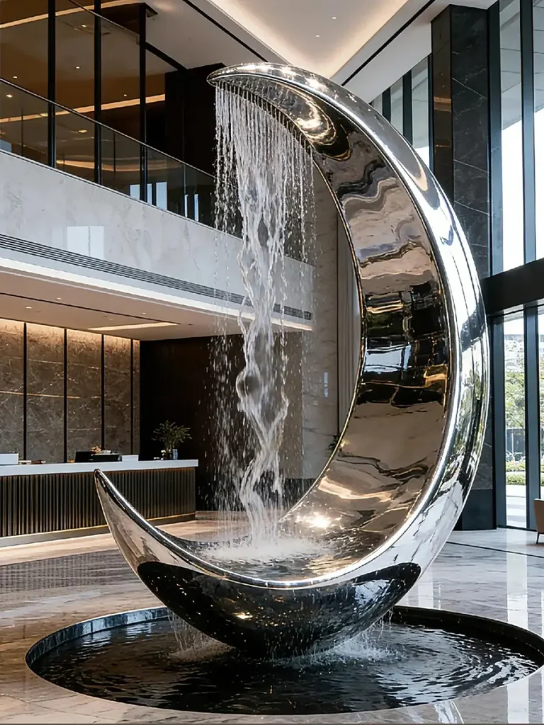 An elegant stainless steel water sculpture with water cascading into a dark basin. To prevent pitting corrosion and tea-staining caused by indoor commercial water treatment systems, using 316L Marine Grade stainless steel ensures the sculpture maintains its spectacular mirror finish for decades.