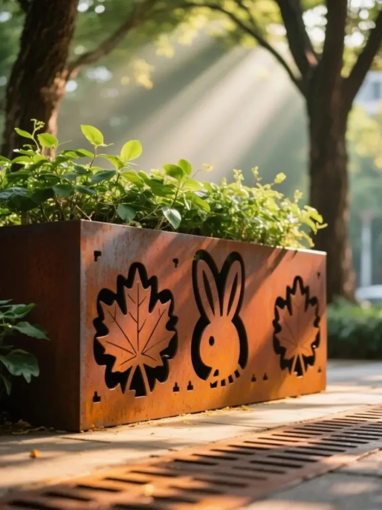Rectangular Corten steel planter featuring intricate laser-cut nature motifs, demonstrating the interplay between light and expressive metal forms.
