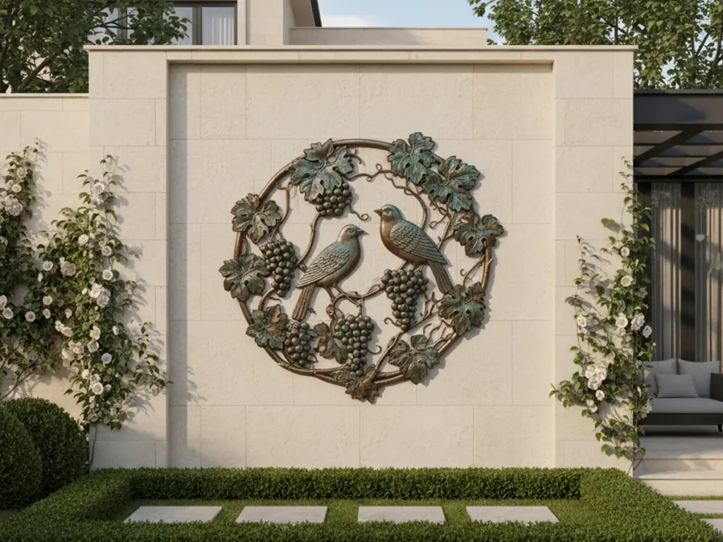 A circular bespoke metal wall art relief featuring two birds and a grapevine motif, custom fabricated to harmonize with the architectural facade of a luxury estate.