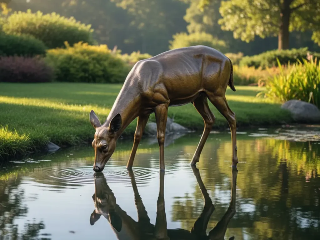 bronze deer garden statue placed beside pond landscape focal point