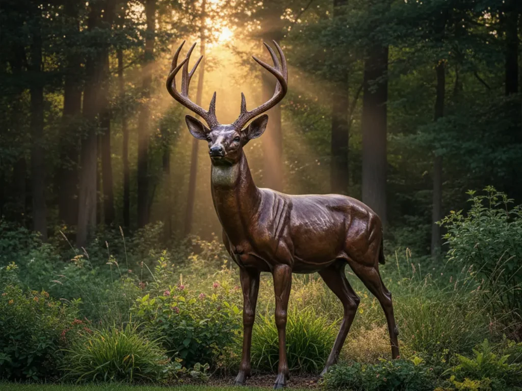 whitetail deer statue placed near treeline for natural landscape integration