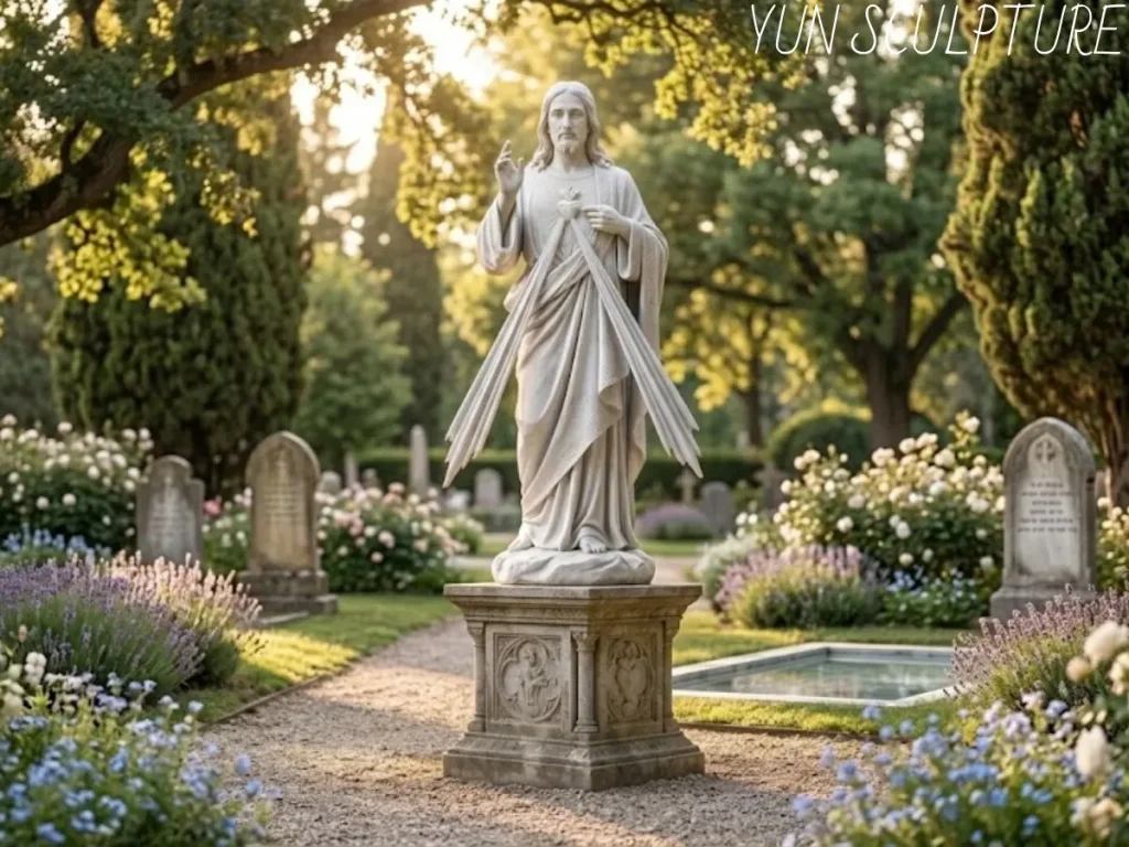 A majestic white stone divine mercy garden statue offering serene protection over a peaceful, sun-drenched cemetery landscape. Behind its tranquil, beautiful exterior lies rigorous structural engineering; its massive weight and projected ray elements are securely anchored to a deep reinforced concrete foundation, proving that true outdoor permanence requires masterful engineering at scale.