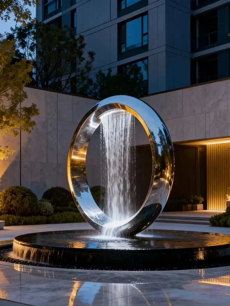 A complex, twisting stainless steel water fountain sculpture installed in an urban commercial plaza. Blending the continuous loop concept with a razor-thin water curtain, this highly reflective modern art piece acts as a transparent architectural wall, providing soothing sound and motion without overwhelming visual mass.