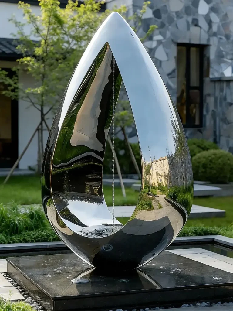 A modern teardrop-shaped mirror-polished stainless steel water feature set in a minimalist courtyard. Demonstrating forms that stone cannot achieve, this highly engineered metal sculpture features extremely thin precision edges, allowing the water to glide gracefully in a perfectly smooth sheet rather than splashing.