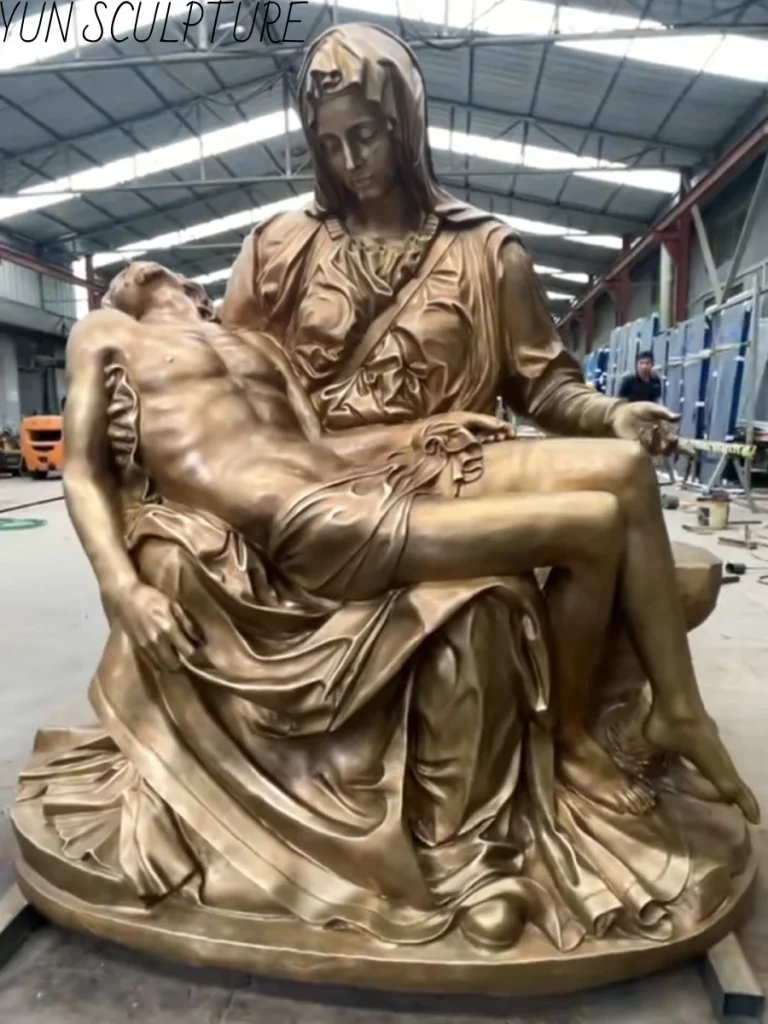 The finalized bronze replication of Michelangelo's Pietà, showcasing the completed casting and detailing inside the bronze foundry.