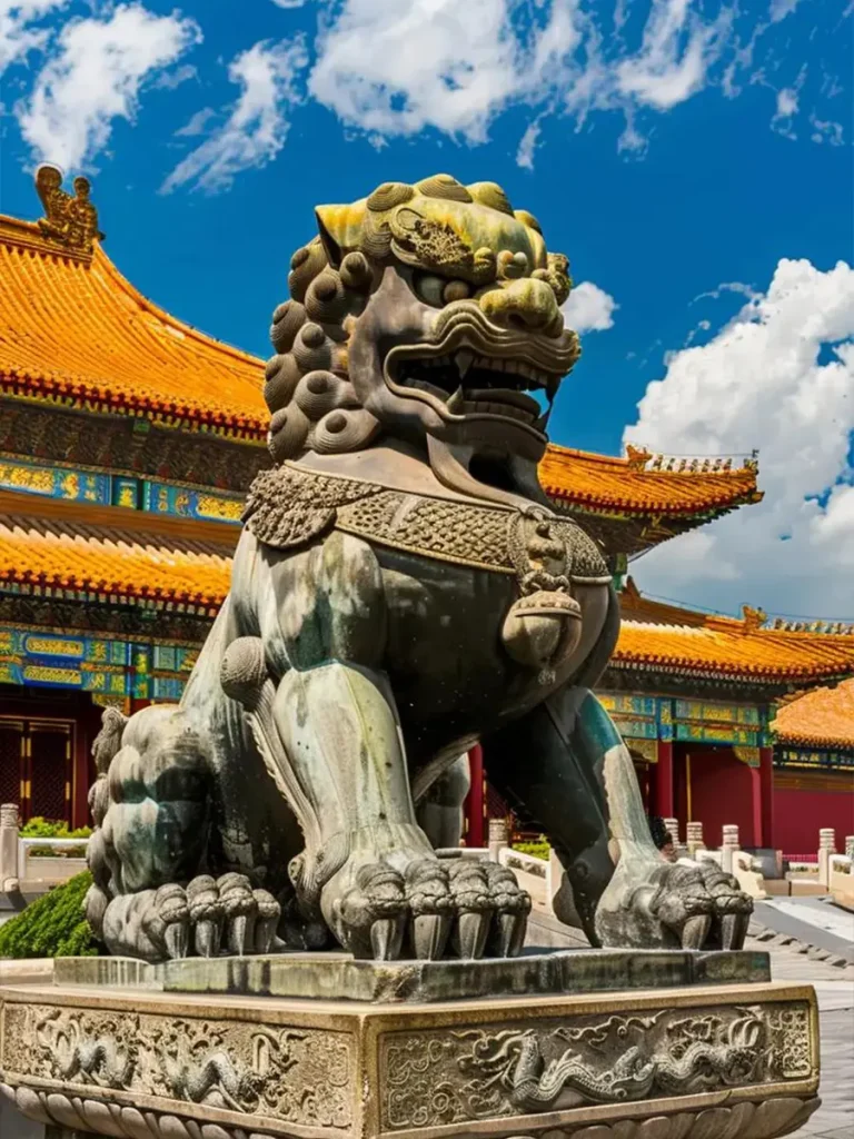 A magnificent bronze male Foo Dog statue, likely at the Forbidden City. The heavily patinated guardian lion rests its right paw on a classic embroidered ball, symbolizing supremacy over the world. It sits on a detailed bronze pedestal with traditional Chinese red walls and yellow-tiled roofs in the background under a bright blue sky.