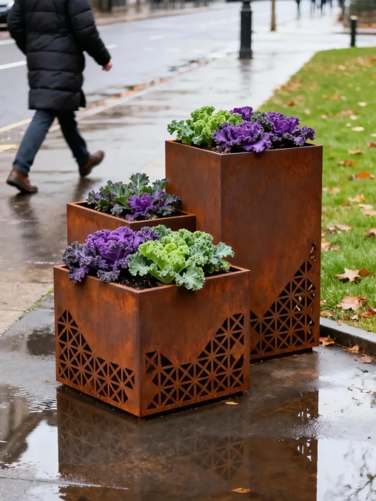 A grouping of square Corten steel planters with geometric patterns creating visual rhythm and spatial definition in an outdoor plaza.