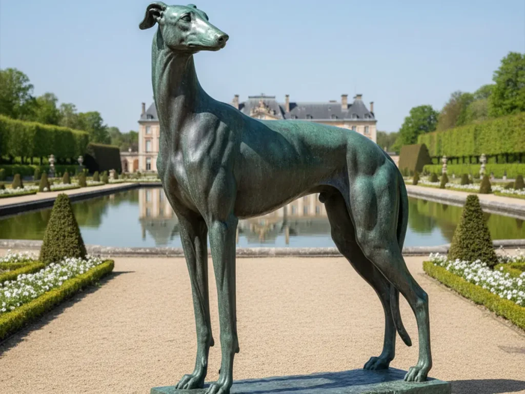 Elegant bronze greyhound garden statue with slender silhouette placed along a formal garden pathway