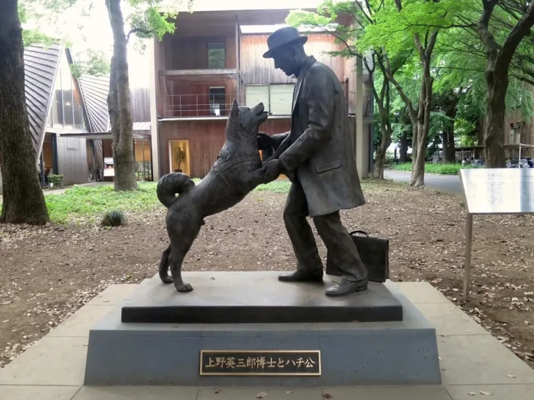 The true story of the world's most loyal dog: Bronze Hachiko dog statue depicting the famous Japanese Akita Inu reuniting with his master.