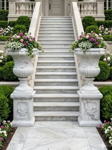 Elegant marble stairs with floral planters.